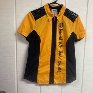 Harley Davidson Top Zip Up Black and Yellow Mesh Womens Medium